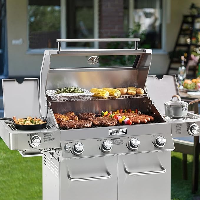 Monument Grills Larger 4-Burner Propane Gas Grills Stainless Steel Cabinet Style with Infrared Side Sear &amp Side Burners with Stainless Steel Cooking Grids(2 Items)