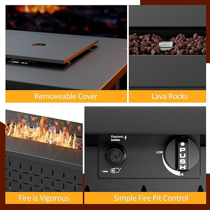 Vongrasig 43 Gas Fire Pit for Outside 50000 BTU Outdoor Propane Fire Pit Table with Lid &amp Lava Rock Steel Rectangular Fire Table for Patio Backyard Deck Garden Black