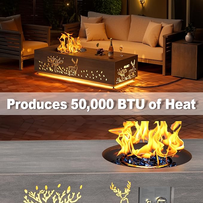 SUNPEAK 48 Round Burner Propane Fire Pit Table with LED Light – 50000 BTU Fire Pit Table with Lid Rocks Cover and Tank Storage - Modern Outdoor Large Fire Table (Grey/Deer Cutout 48 LED)