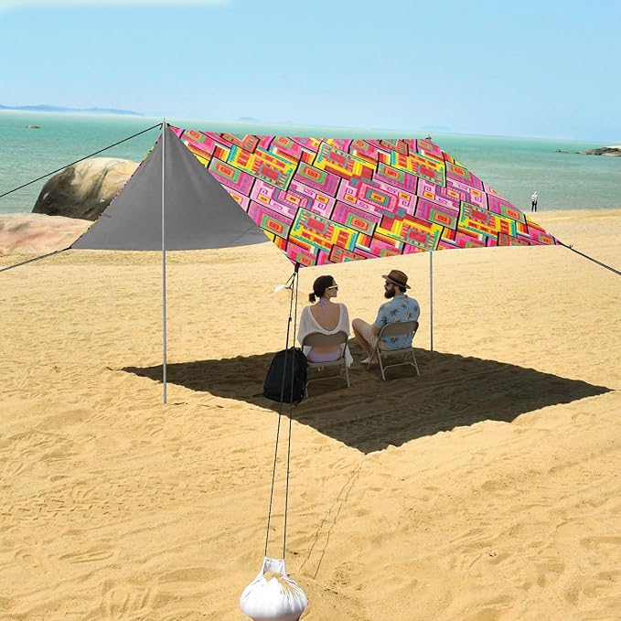 Beach Canopy with Windproof Ropes &amp Sandbags Beach Tent Sun Shade Sun Shelter for Camping Trips Fishing Backyard Fun or Picnics Boho Tribal Aztec