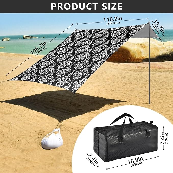 ALAZA Classical Damask Ornament Beach Tent Sun Shelter UPF50+ Protection Beach Shade Canopy w/ 4 Sandbags for Outdoor Camping Fishing Backyard Fun Picnic 10x9 ft