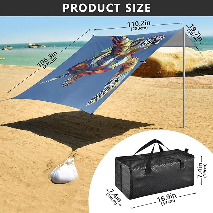 ALAZA Sea Turtle Geometric Beach Tent Sun Shelter UPF50+ Protection Beach Shade Canopy w/ 4 Sandbags for Outdoor Camping Fishing Backyard Fun Picnic 10x9 ft