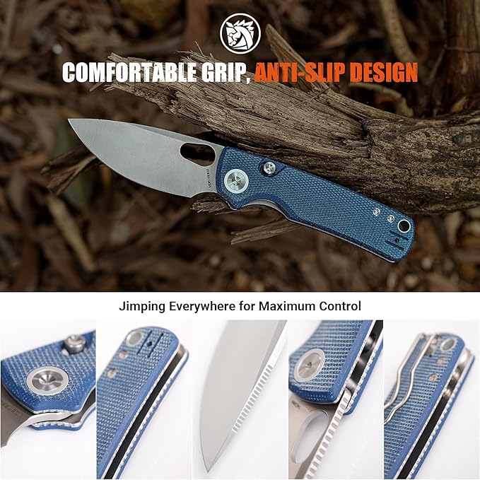 Vosteed Porcupine EDC Pocket Knife Lightweight Folding knife - 2.99 14C28N Steel Blade Thumb hole Blue Micarta Handle Top Liner Lock Knives for Camping Survival - A2605