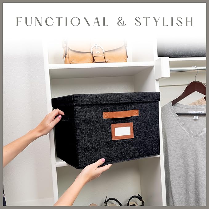 3 Pack Large Fabric Storage Boxes with Lids (15.75 x 11.25 x 11.25) - Decorative Bin with Lid Label Holder Faux Leather Handles - Large Storage Boxes for Organizing Clothes Blankets - Black