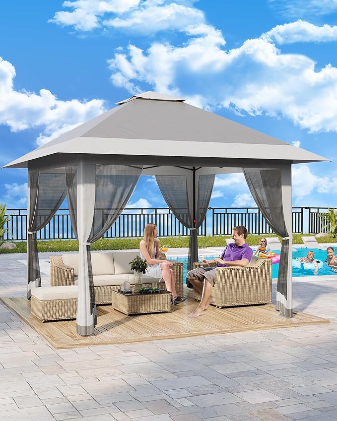 13x13ft Pop Up Gazebo Outdoor Canopy Tent with Mosquito Netting Heavy Duty Party Tent Shelter with Waterproof and Ultraviolet Double Roof for Backyard Garden Lawn and Deck (Grey)