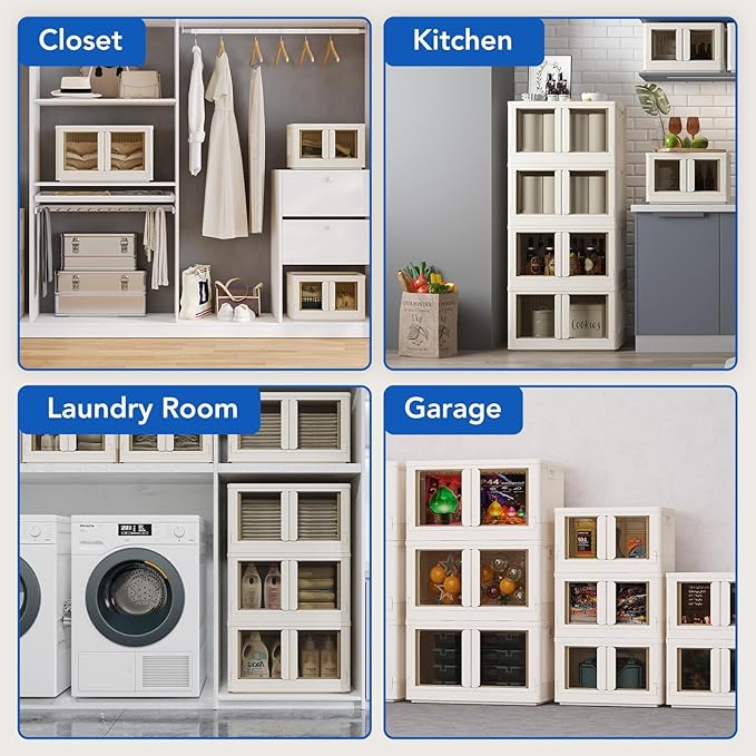 FLEXIMOUNTS 152 QT Stackable Storage Bins With Lids Collapsible Plastic Storage Bins Closet Organizers and Containers with Doors and Built-in Wheels For Home 2 Pack Cubes Milky White