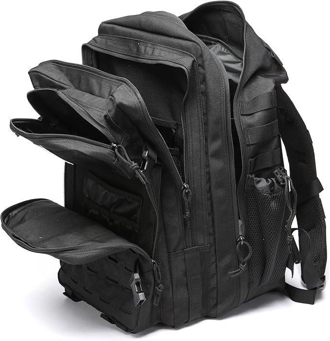 50L Tactical Military Backpack Waterproof Sturdy Bag for Hiking Camping Fishing Gym Backpack with Bottle Holder (ALL Black)