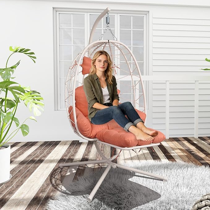 Hanging Egg Chair with Stand Outdoor Indoor Patio Rattan Swing Hammock Chairs with Washable Cushion PE Wicker Swing Chair for Backyard Bedroom Garden (White + Orange Red Cushion with Footrest)