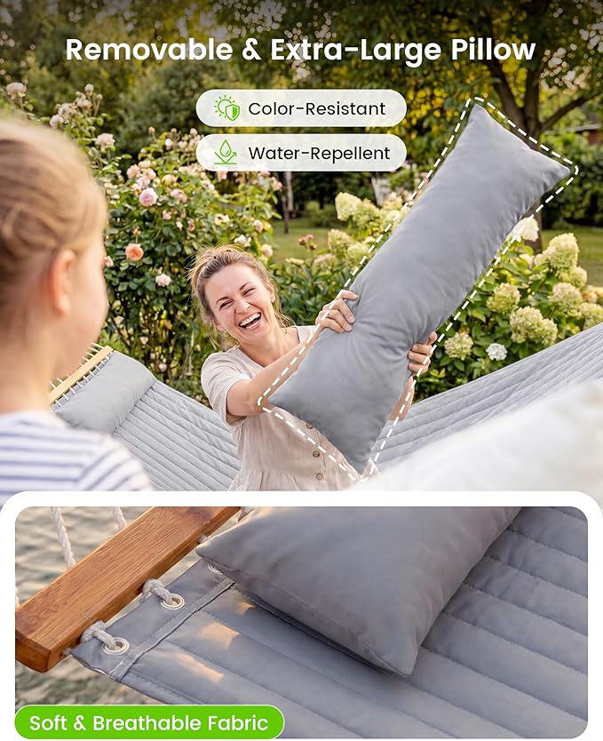 ANAGOO Double Quilted Outdoor Hammock for 2 Adults 500lb Capacity Backyard &amp Camping Hammock with Pillow and Bamboo Spreader Bar Fits 11–15ft Hammock Stands (Stand Not Included)Dark Gray