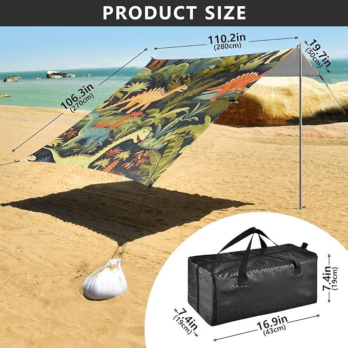 ALAZA Vintage Tropical Dinosaur Foral Beach Tent Sun Shelter Portable Canopy Sunshade for Outdoor Camping Picnics Backyard Fun 10x9 ft