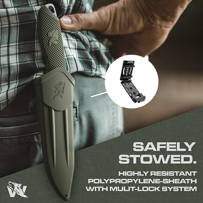 ODENWOLF WOLF-II Full Tang Survival Knife with Sheath and Multi Lok - Strong Tactical Fixed Blade - Made of D2 Steel - Bushcraft and Camping Knife - EDC Outdoor Knife with TPE Handle