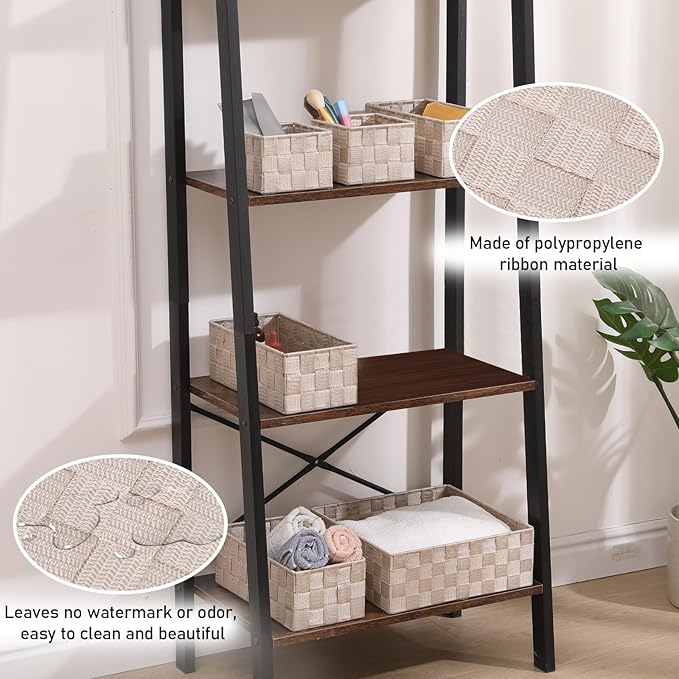 Storage Bins Woven Organizer Set of 6 – Polypropylene Storage Baskets with Metal Frame Stackable Fabric Boxes for Drawers Closet Shelf Nursery and Office Beige