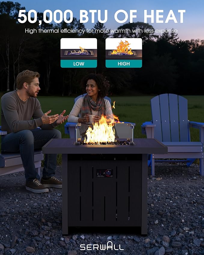 SERWALL 33 Outdoor Fire Pit Table 50000 BTU Square Propane Fire Pit Table with Lid Glass Rock &amp Glass Wind Guard HDPE Outdoor Furniture for Patio Garden Backyard Black