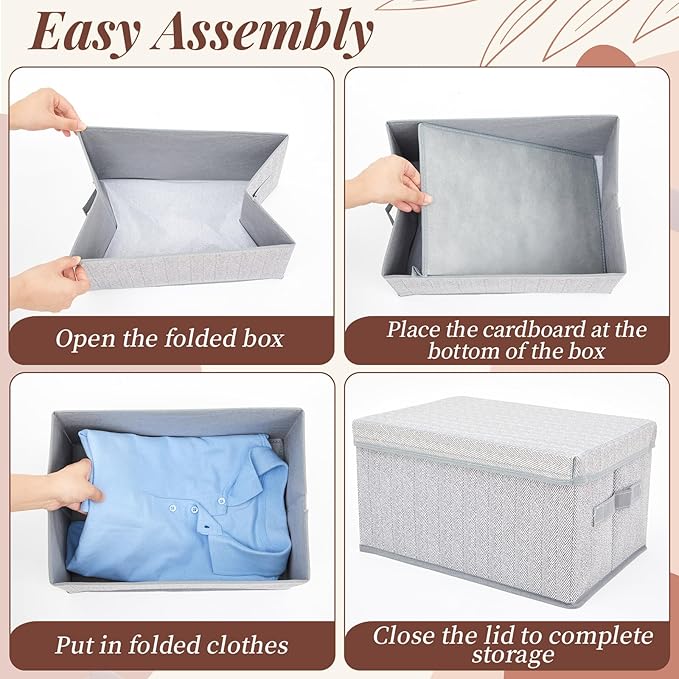 LemonRoad 6 Pack 14'' x 10'' x 8'' Collapsible Storage Cubes Bins with Removable Lids Fabric Closet Organizers with Handles Foldable Memory Boxes for Shelves Nursery Bedroom Home Closet Gray