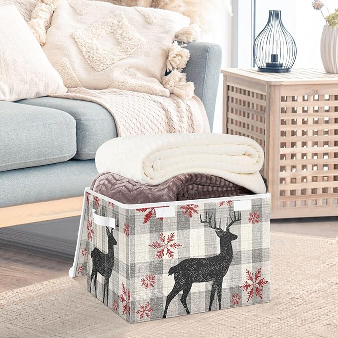Grey Checkered Christmas Deer Storage Box with Lid 1 PC Foldable Storage Bin with Lids Stackable Storage Bins Cube Closet Organizer Basket with Flip-Top Lid &amp Handles for Shoes Books Towels