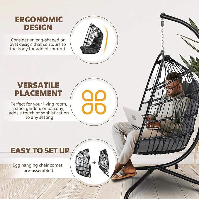 Chihee Egg Chair Foldable Wicker Rattan Hanging Swing Chairs Indoor Outdoor Patio Wicker Chair Hammock Chair with Stainless Steel Hanging Kit Chain Link UV Resistant Cushion Bedroom Balcony