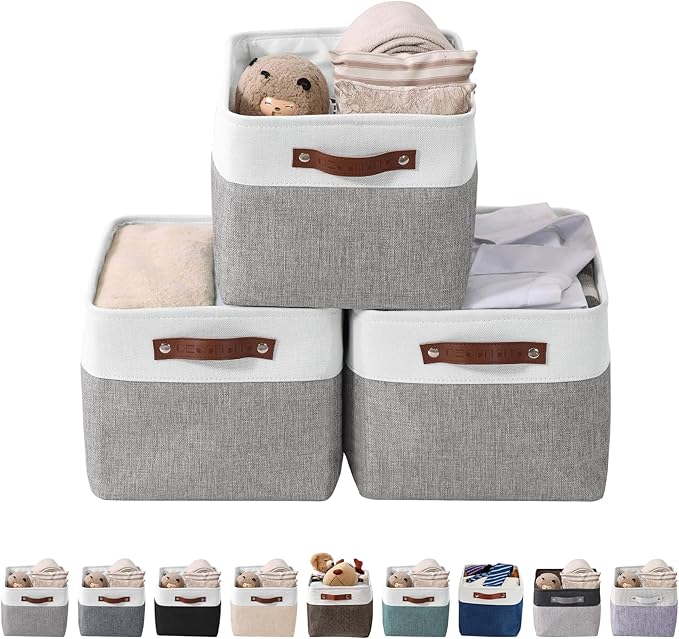 DECOMOMO Storage Baskets for Shelves - Fabric Storage Bins Linen Closet Organizers and Storage (Grey &amp White Large - 3 Pack)