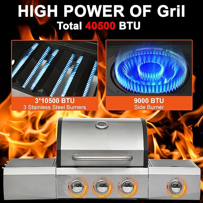 3-Burner BBQ Propane Gas Grill with Side Burner 40500 BTU Stainless Steel Patio Barbecue Grill with Storage Rack Tool Hooks &amp Bottle Opener for Camping Outdoor Cooking (Style2)