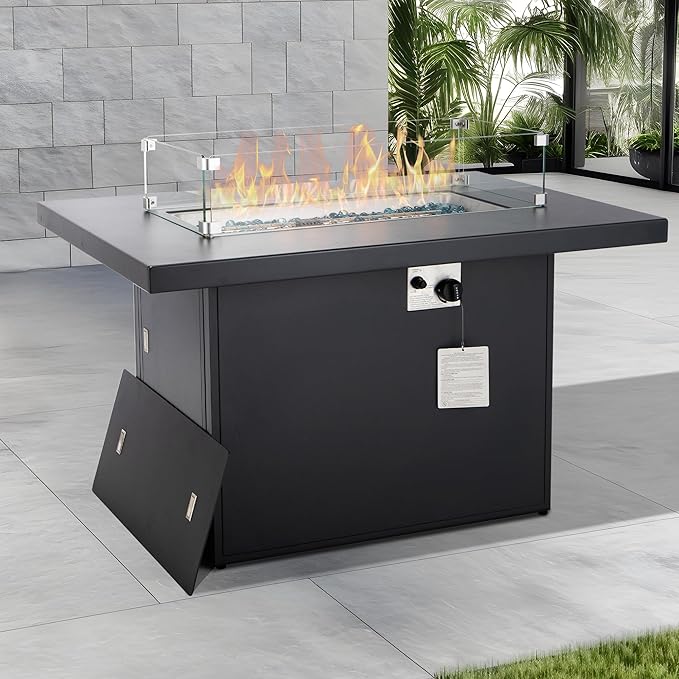 NICESOUL 43'' Aluminum Fire Pit Table 60000 BTU Propane/Natural Gas Outdoor Firepit with Wind Guard &amp Glass Rocks All-Weather Rectangular Fireplace for Outside Patio CSA-Certified Ember Black