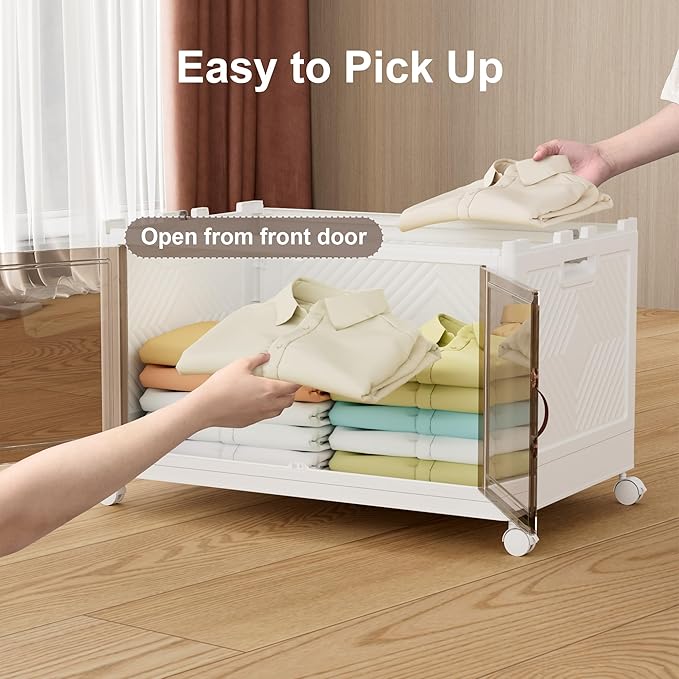 JOYMOOP Folding Storage Bins Organizer 84 Quart Collapsible Storage Box with Wheels and Door Stackble Plastic Storage Container for Clothing Books and Sundries (XXL 21 Gal 1 Tier)