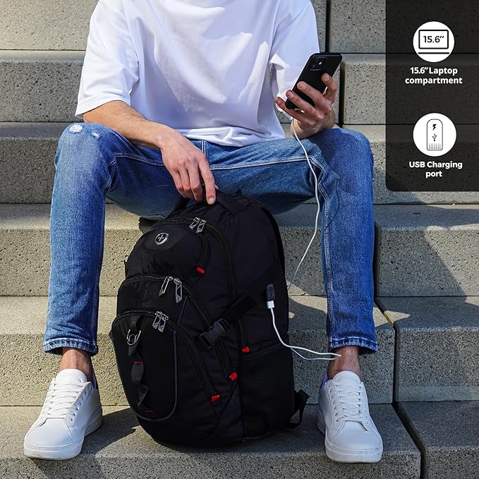 Swissdigital Laptop Backpack with USB Charging Port Travel Backpack Fits 15.6 inches Computer 31L Backpack for Men | SD8039508F-01