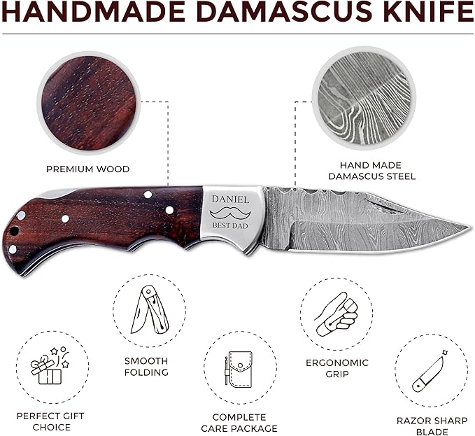 Custom Pocket Knife gifts for Men Personalized Damascus Folding Knife Engraved Gifts for Him Dad Boyfriend Husband Anniversary Groomsmen Gifts. Custom Knife for Camping Hunting Everyday Carry (