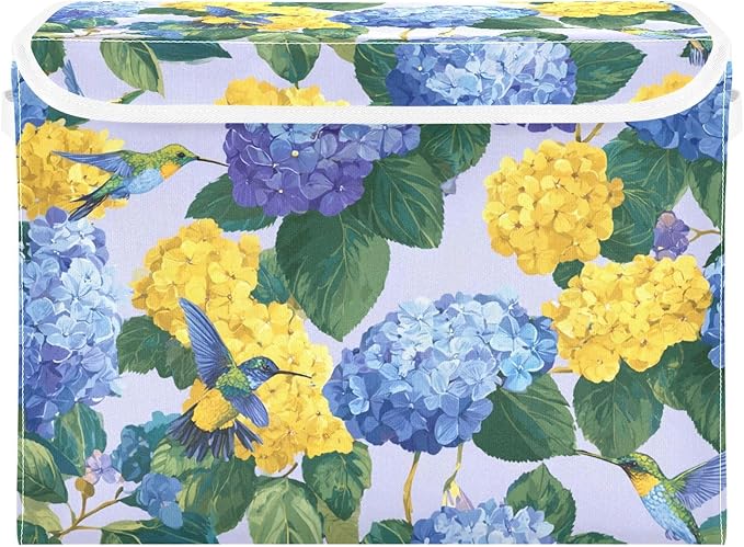 Storage Bins with Lids Storage Containers Box Organizer Bin Basket with Handles for Closet Shelves Clothes Stackable Foldable Decorative Blue Hydrangeas Hummingbirds