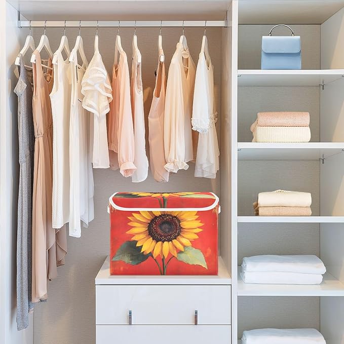AIXIWAWA Lidded Storage Cube (Vintage Sunflower Red) Fabric Foldable Closet Bins with Flip Lid and Handles Organizer Basket Container 16.5 x 12.6 x 11.8 IN