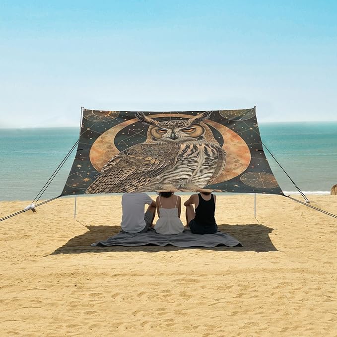 ALAZA Boho Owl Moon Gloden Beach Tent Sun Shelter Portable Canopy Sunshade for Outdoor Camping Picnics Backyard Fun 10x9 ft