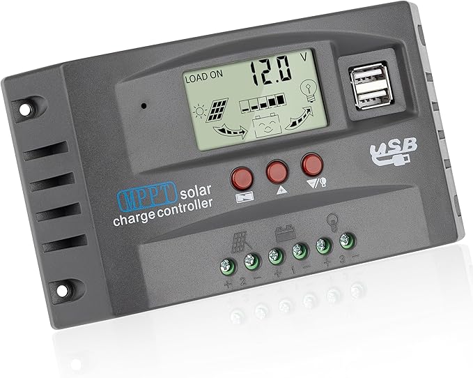 60A MPPT Solar Charge Controller 12V/24V Auto Tracking Solar Panel Regulator with Dual USB Port LCD Display and 3 Timer Settings Suitable for Lead-Acid/Lithium-Ion/Lithium Iron Phosphate Battery Grey