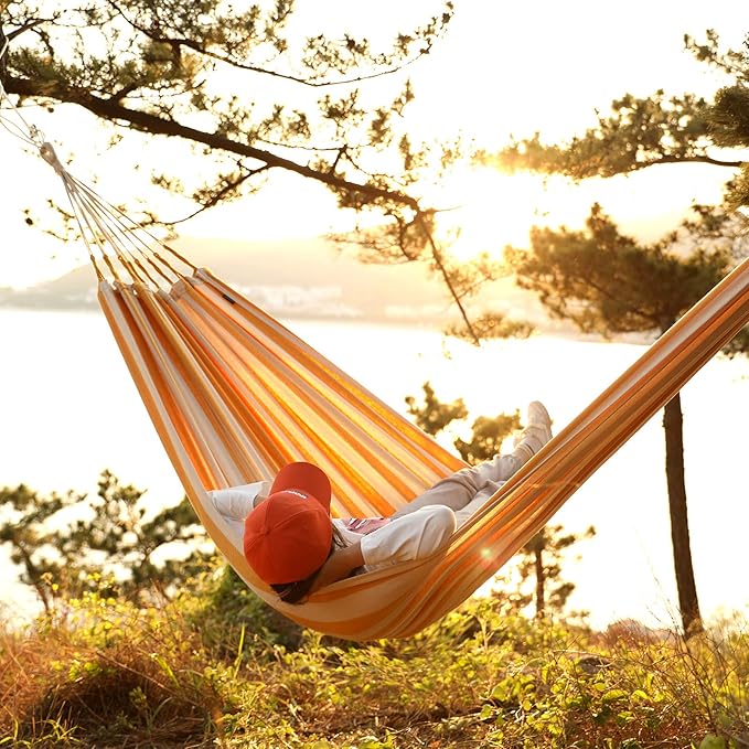 INNO STAGE Brazilian Double Hammocks - Woven Hammock Two Person Hanging Camping Bed for Patio Backyard Porch Outdoor and Indoor Use - Soft Canvas Hammock with Portable Carrying Bag Yellow