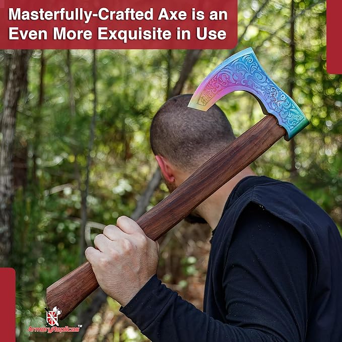 Armory Replicas™ Bearded Viking Decorative Axe – 20 Titanium-Colored Display Axe with Sheesham Wood Handle and Motif