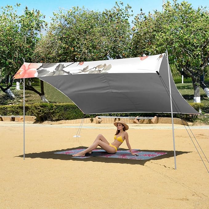 Peach Flowers Beach Tent &amp Canopy UPF50+ Protection Lightweight Shade Sun Shelter Includes Sand Shovel Sandbags Stability Poles for Family Trips Picnics &amp Camping