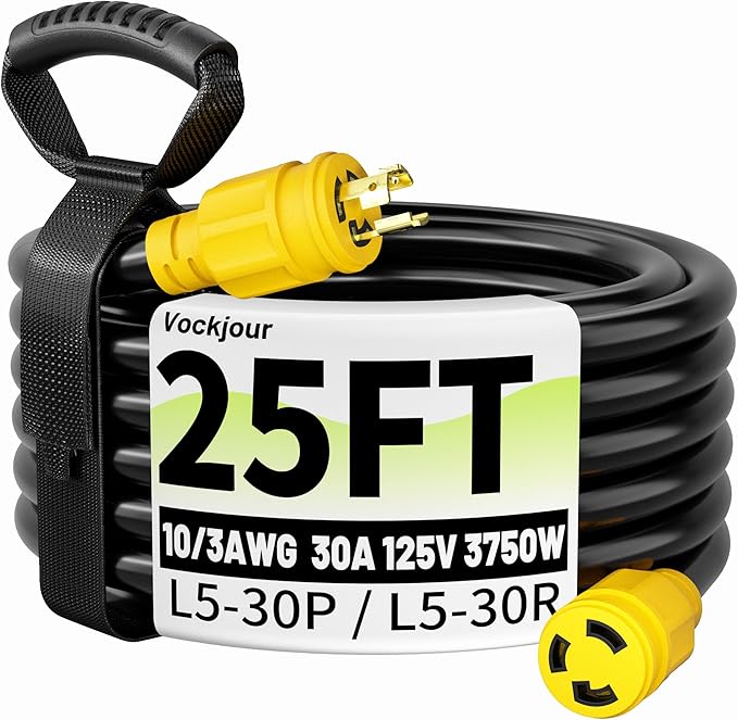 Vockjour 30 Amp Generator Extension Cord 3 Prong 25FT NEMA L5-30P/L5-30R 10 Gauge Extension Cord Yellow Twist Lock Generator Power Cord Heavy Duty STW 125V 3750W ETL Listed