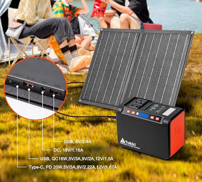 Takki 111Wh Portable Solar Generator Power Station with 21W Foldable Solar Panel 120W Peak Solar Charger Power Bank with 110V AC DC USB Ports for Camping Emergency Outdoor Home Use