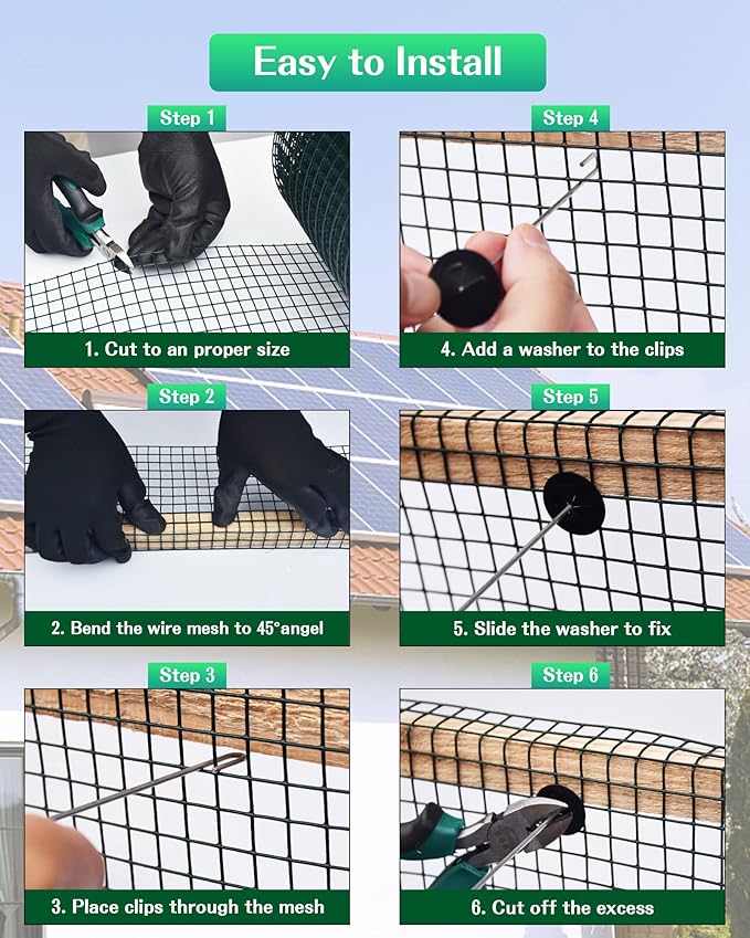 Solar Panel Bird Guard6inx120ft Critter Guard for Solar Panels with 100pcs Fastener ClipsPVC Coated Galvanized Pigeon Solar Panel MeshCritter Guard with PlierGloves for Bird Proofing