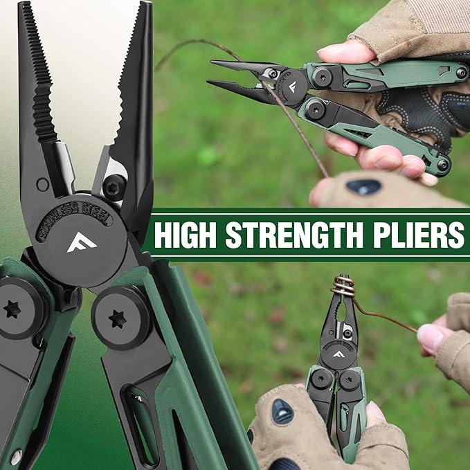 FLISSA Multitool 15-in-1 Multi Tool Pocket Knife with Sheath Stainless Steel EDC Multitool Pliers for Men All-in-One Tools for Camping Fishing Survival – Ideal Christmas Gift for Man