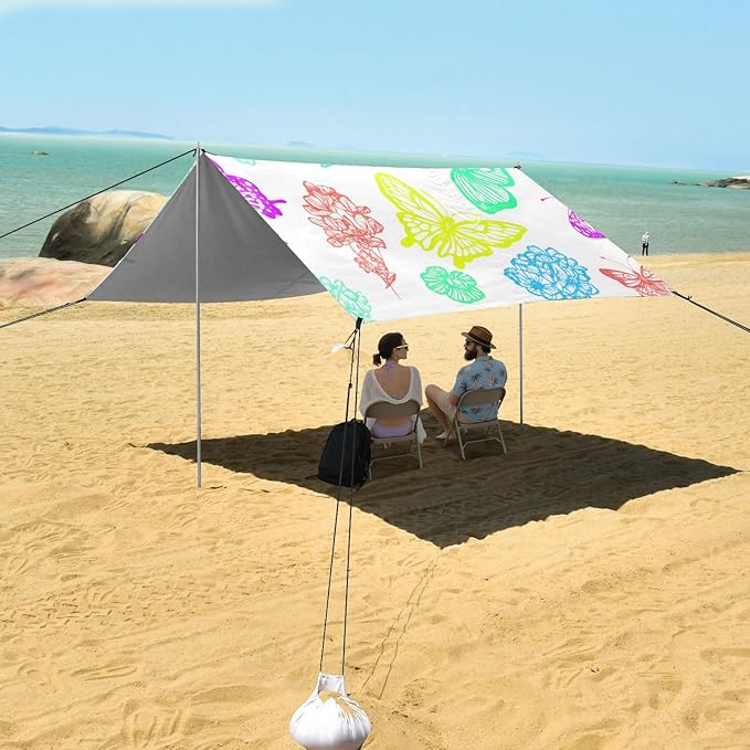 Beach Canopy with Windproof Ropes &amp Sandbags Beach Tent Sun Shade Sun Shelter for Camping Trips Fishing Backyard Fun or Picnics Butterflies