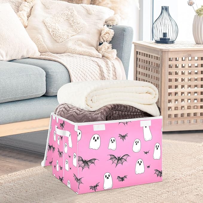 Cute Halloween Bats Storage Cube Bins Basket with Lid Collapsible Flip-top Fabric with Handle for Home Bedroom Closet Office 16.5×12.6×11.8 in