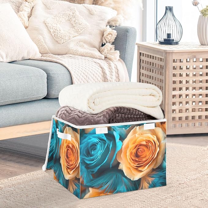 AIXIWAWA Lidded Storage Cube (Green Orange Floral) Fabric Foldable Closet Bins with Flip Lid and Handles Organizer Basket Container 16.5 x 12.6 x 11.8 IN