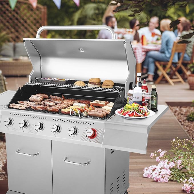 Royal Gourmet GA6402S 6-Burner Propane Gas Grill with Side Burner and Warming Rack 74000 BTUs Cabinet Style Outdoor BBQ Grill for Barbecue Grilling &amp Backyard Cooking Silver