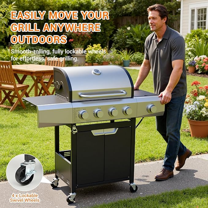 EUHOME Upgraded 51000 BTU Stainless Steel Burner Barbecue Grill 4 Burner BBQ Propane Gas Grill with Side Burner 452 sq. in Cooking Area with Porcelain for Patio Camping Outdoor Cooking