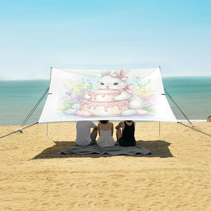 xigua Easter Bunny Beach Tent Sun Shelter with Carrying Bag - Silver Coated Oxford Fabric Beach Canopy for Beach Camping Fishing - Includes Windproof Ropes Sandbags &amp Stakes