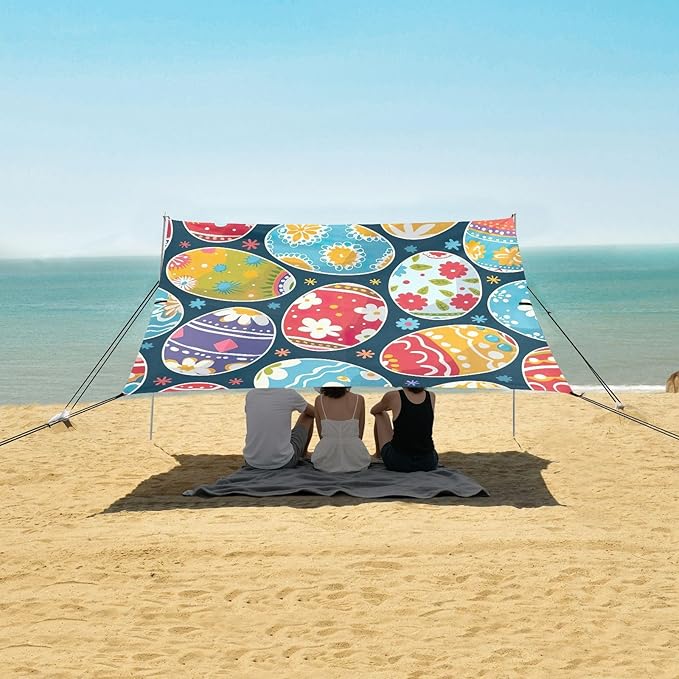 Easter Eggs with Flowers Beach Tent Sun Shelter Set UPF50+ UV Protection 10.5 x 9.19 FT Camping Shade Canopy with Sandbags Sand Anchors Carrying Bag and Others