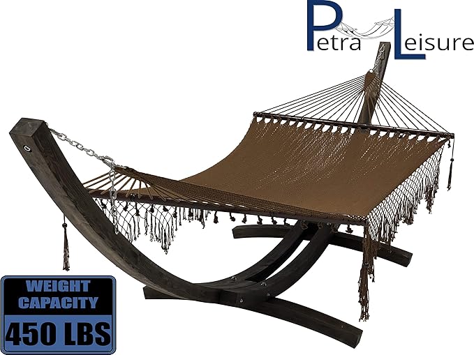 14 Ft. Wooden Arc Hammock Stand + Deluxe Hand Woven Bohemian Chic Rope Hammock Bed. 2 Person Bed. 450 LB Capacity(Coffee Stain/Brown)