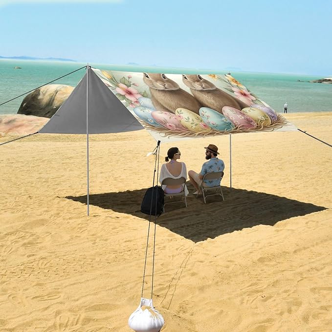 Beach Canopy with Windproof Ropes &amp Sandbags Beach Tent Sun Shade Sun Shelter for Camping Trips Fishing Backyard Fun or Picnics Easter Bunny