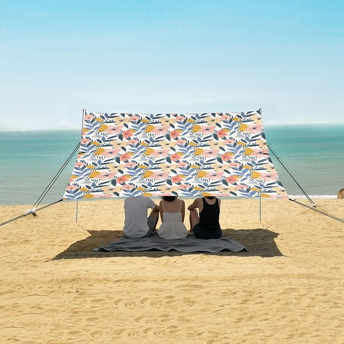 ALAZA Poppy Flower Leave Beach Tent Sun Shelter UPF50+ Protection Beach Shade Canopy w/ 4 Sandbags for Outdoor Camping Fishing Backyard Fun Picnic 10x9 ft