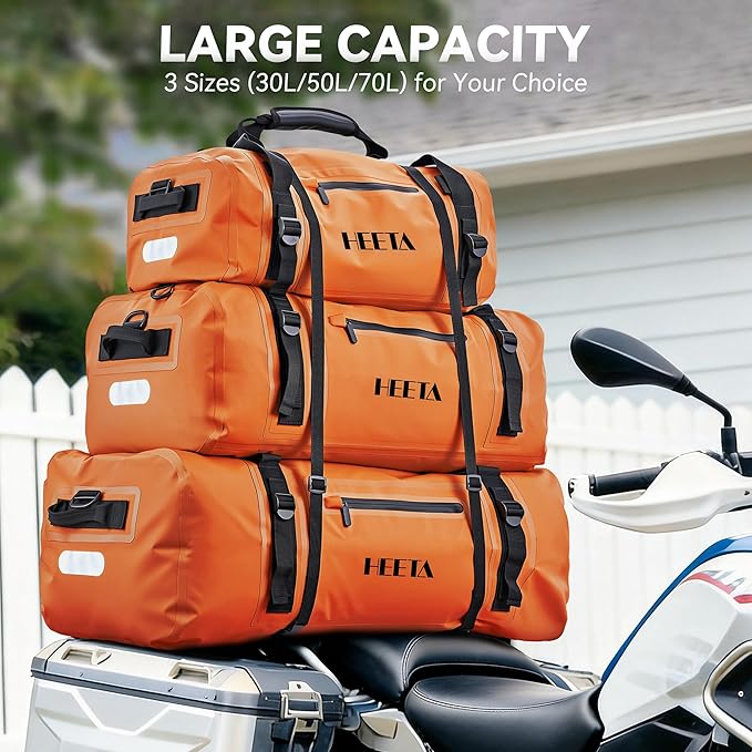 HEETA Waterproof Motorcycle Dry Bag Waterproof Duffel Luggage Travel Bags with Zippered Closure &amp Pocket Shoulder Straps Large Space for Motorcycling Camping Commuting Boating (Orange 70L)