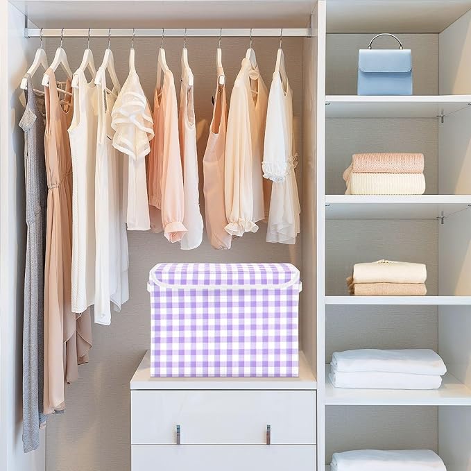 Purple Gingham Checkered Storage Box with Lid 1 PC Foldable Storage Bin with Lids Stackable Storage Bins Cube Closet Organizer Basket with Flip-Top Lid &amp Handles for Shoes Books Towels