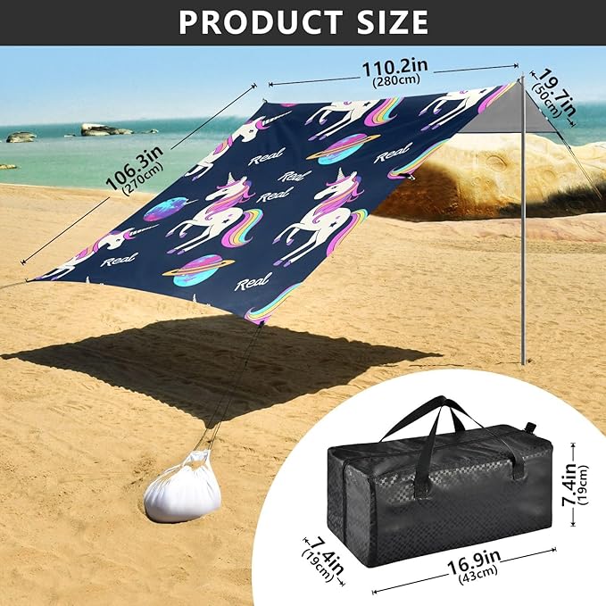 ALAZA Unicorn Planet Pattern Beach Tent Sun Shelter Portable Canopy Sunshade for Outdoor Camping Picnics Backyard Fun 10x9 ft
